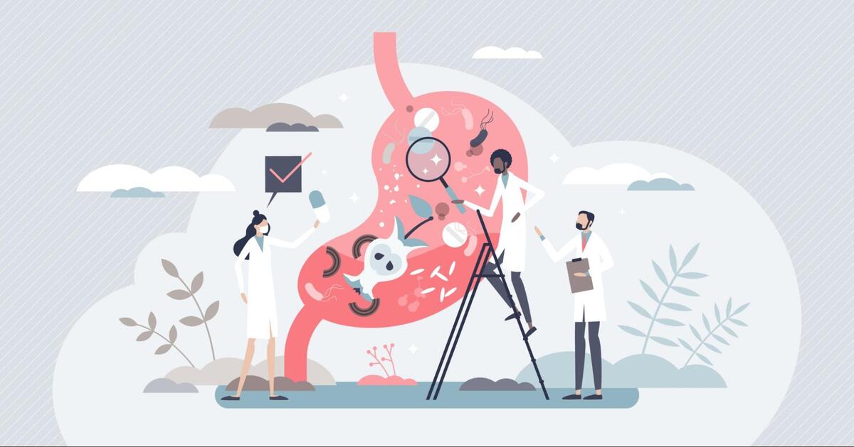 胃の中の様子とそれを3人の医者が観察しているイラスト